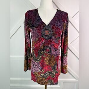 Y2K Whimsigoth  Boho Velvet Burnout Beaded Medallion Long Sleeve Top Size M